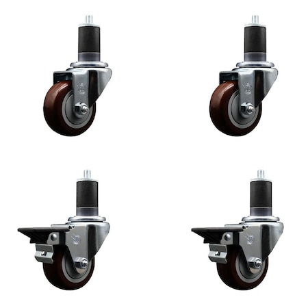 Service Caster 3'' Maroon Poly Wheel Swivel 1-5/8'' Expanding Stem Caster Set 2 Brakes, 4PK SCC-EX20S314-PPUB-MRN-2-PLB-2-158